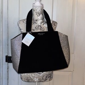 Jimmy Choo Black Silver Sparkle Overnight Tote Weekend Travel Bag New
